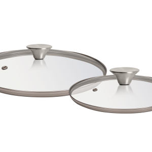 lot de 2 couvercles en verre trempé jonc inox 24 et 30cm avec bouton inox